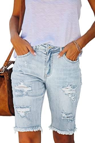 Metietila Women's Ripped Mid-Rise Denim Bermuda Shorts