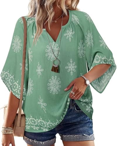 Bebonnie Women's Bohemian 3/4 Sleeve V-Neck Tunic Tops