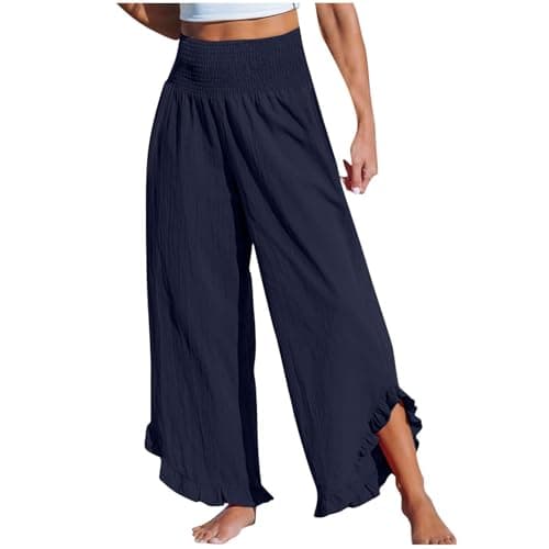 Boho Wide Leg Smocked Waist Linen Pants for Summer Vacation