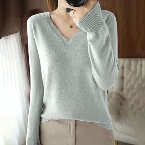 Soft V-Neck Wool Blend Sweater for Women Fall Fashion Tops