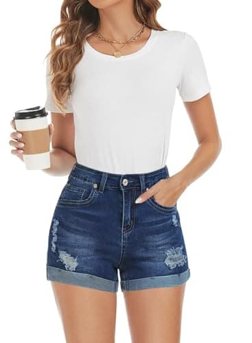 FEKOAFE 2025 Women's Summer Mid/High-Waisted Ripped Denim Shorts