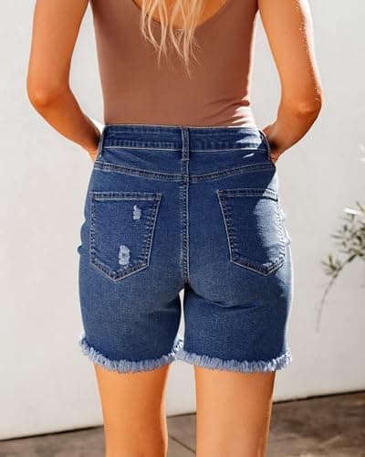 Luvamia Women's High-Waisted Distressed Denim Long Shorts