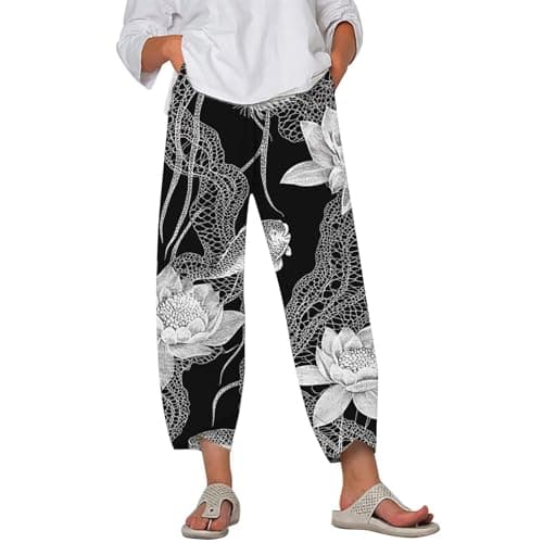 HOTYD Japanese Linen Pants for Women Summer Baggy Capri Trouser with Pockets