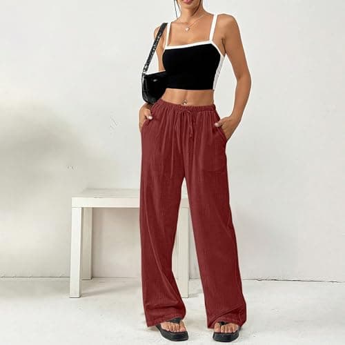 DINEVE Women's Summer Wide Leg High Waist Drawstring Pants Plus Size Linen Lounge