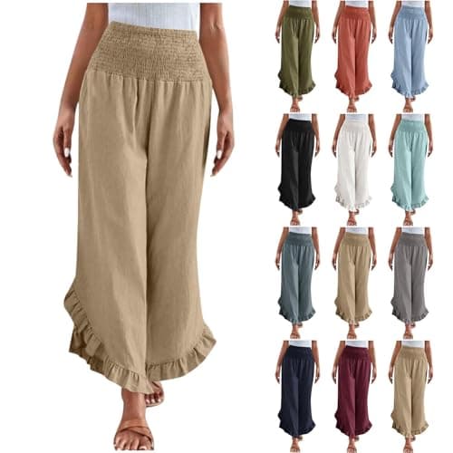 Yxzogd Women's Stretch Smocked Wide Leg Linen Palazzo Pants Ruffle Hem Summer Trousers