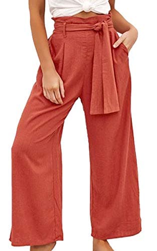 Womens Cotton Palazzo Wide Leg Pants with Pockets and Belt