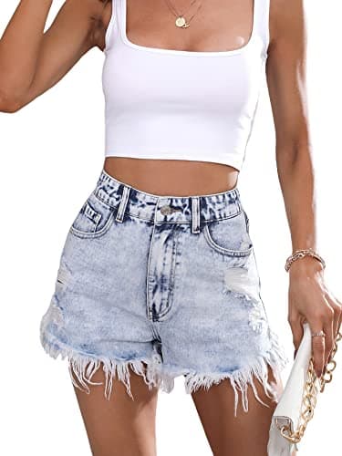 WDIRARA Women's High-Waisted Raw Hem Distressed Casual Denim Shorts