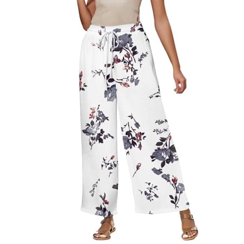 Elastic High Waisted Floral Print Wide Leg Linen Pants with Pockets