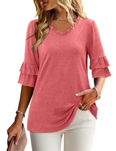 Angerella Dressy 3/4 Sleeve V-Neck Tunic Tops Spring Summer Tops