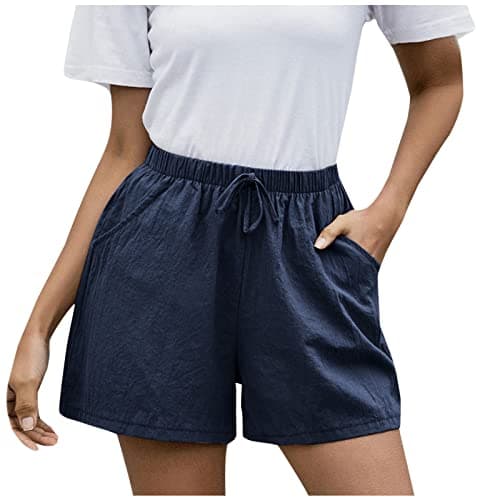 Sktremeuru High-Waisted Linen Shorts for Women Elastic Waist Drawstring Wide Leg Summer Fashion