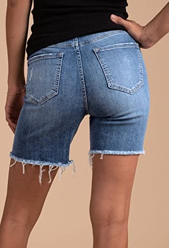 HUUSA Women's High Waist Ripped Denim Mid-Thigh Shorts with Pocket