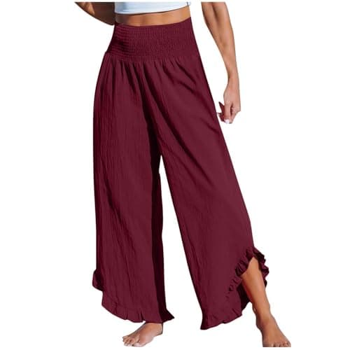 Boho Wide Leg Smocked Waist Linen Pants for Summer Vacation