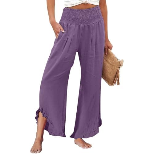 GOKKILRW Women's Lightweight Boho Linen High Waist Flowy Palazzo Pants