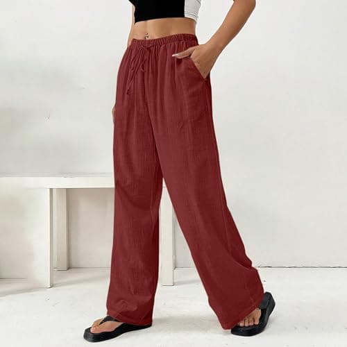 DINEVE Women's Summer Wide Leg High Waist Drawstring Pants Plus Size Linen Lounge