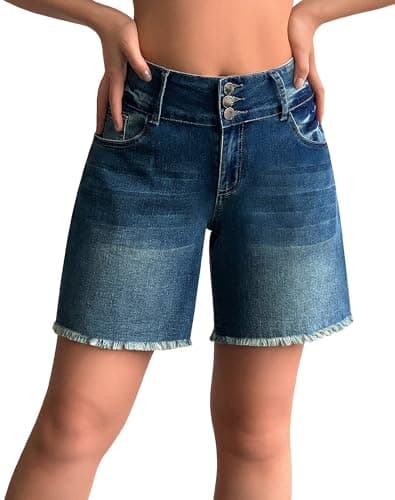 Rosswear Women's Stretchy Wide Leg High-Waisted Frayed Hem Jean Shorts