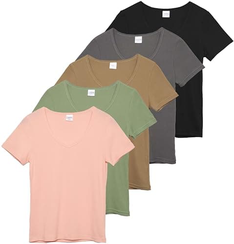 Real Essentials 5 Pack Women's Soft Ribbed V-Neck Tee Summer Shirt