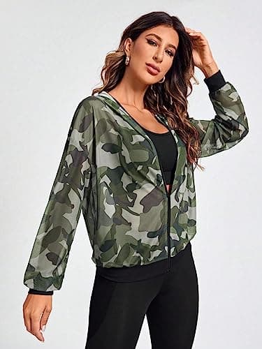 Milumia Women's Camo Sheer Workout Zip-Up Long Sleeve Hoodie