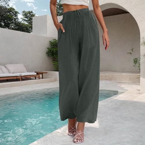 Yxzogd Women's Wide Leg Linen Pants with Pockets High Waist Drawstring Casual Fit