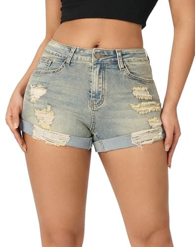 Rosswear Women's Stretchy Ripped Denim Shorts Summer Mid Rise Butt LiftingJean Shorts