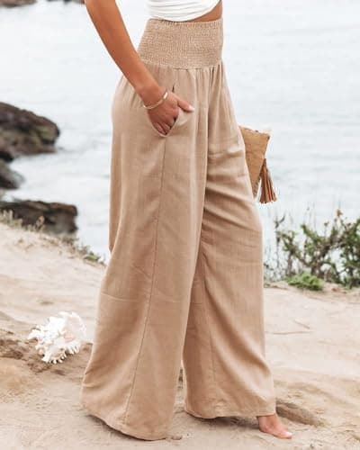 GLIENST Women's High Waisted Smocked Linen Palazzo Pants with Pockets S-2XL