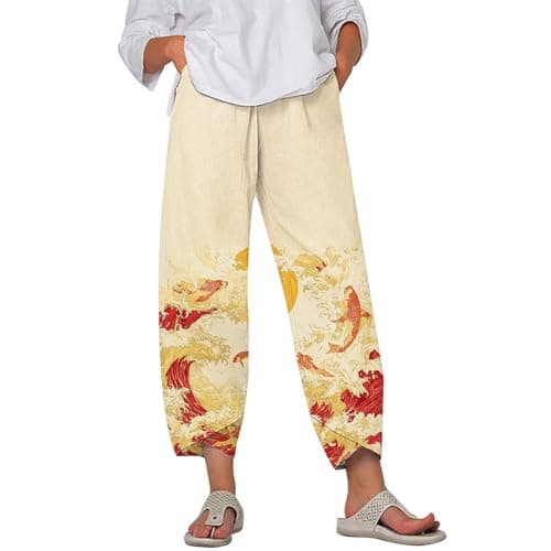 HOTYD Japanese Linen Pants for Women Summer Baggy Capri Trouser with Pockets