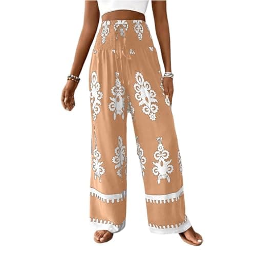 Elastic High Waisted Floral Print Wide Leg Linen Pants with Pockets