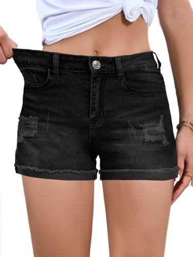 FEKOAFE 2025 Women's Summer Mid/High-Waisted Ripped Denim Shorts