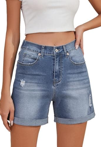 Metietila Women's High-Waisted Folded Hem Stretch Denim Shorts