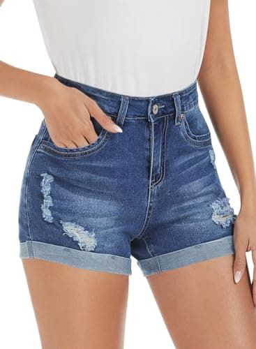FEKOAFE 2025 Women's Summer Mid/High-Waisted Ripped Denim Shorts