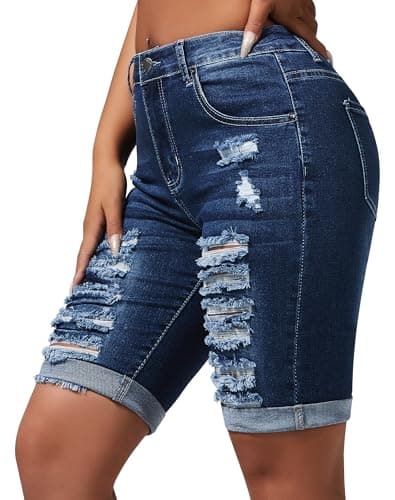 Rosswear Women's Ripped Stretch Mid-Rise Denim Bermuda Shorts