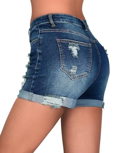 Rosswear Women's Stretchy Ripped Denim Shorts Summer Mid Rise Butt LiftingJean Shorts