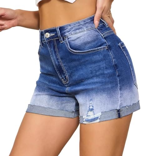 VIPONES High Waisted Stretch Denim Jean Shorts with Folded Hem