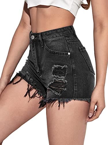 WDIRARA Women's High-Waisted Raw Hem Distressed Casual Denim Shorts