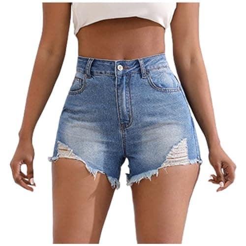 Women's Stretchy Mid Rise Ripped Denim Shorts