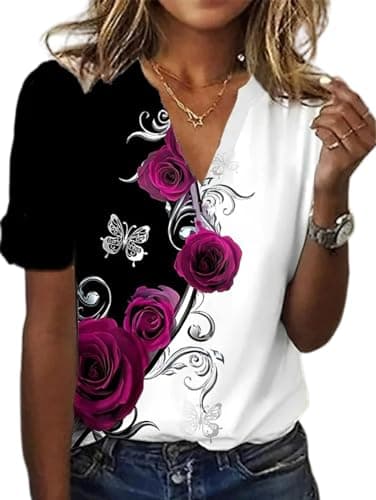 Akivide Boho Floral V-Neck Summer Tunic Shirt Plus Size