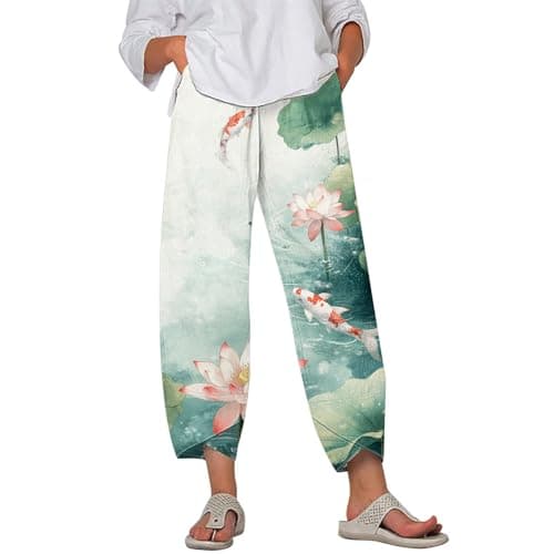 HOTYD Japanese Linen Pants for Women Summer Baggy Capri Trouser with Pockets