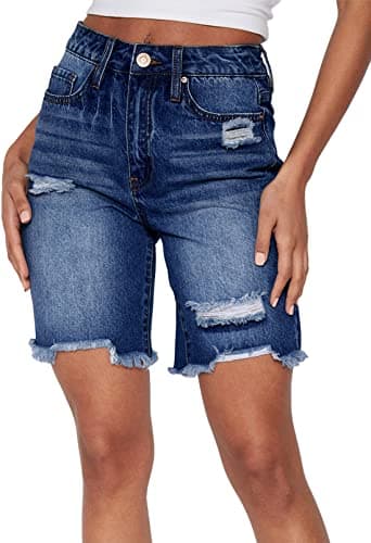 HUUSA Women's High Waist Ripped Denim Mid-Thigh Shorts with Pocket