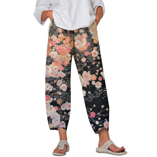HOTYD Japanese Linen Pants for Women Summer Baggy Capri Trouser with Pockets