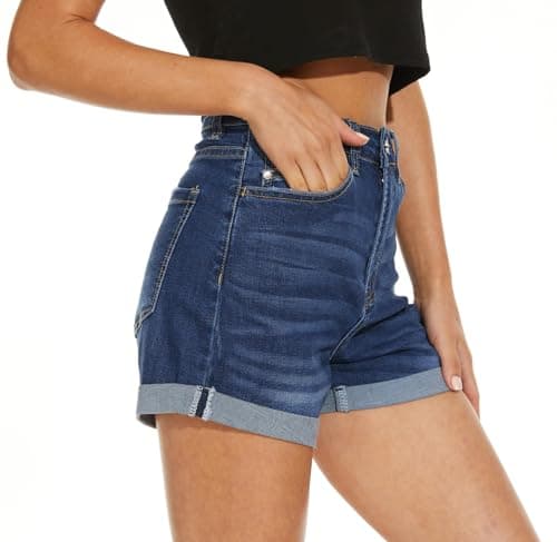 VIPONES High Waisted Stretch Denim Jean Shorts with Folded Hem