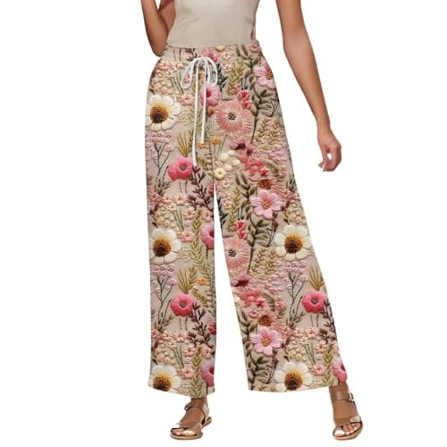 Elastic High Waisted Floral Print Wide Leg Linen Pants with Pockets