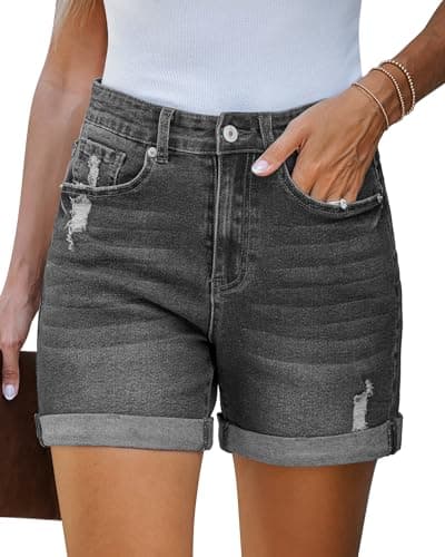 LookbookStore Women's Stretchy High-Waisted Ripped Denim Shorts