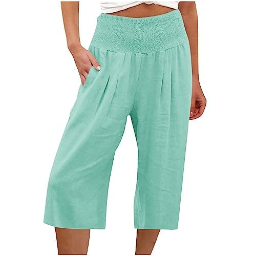 Sktremeuru Women's Summer Loose Wide Leg Linen Palazzo Pants High Waist Flowy Crop