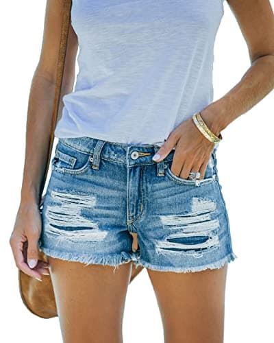 MEMVU Women's Ripped Stretch Mid-Rise Raw Hem Denim Shorts