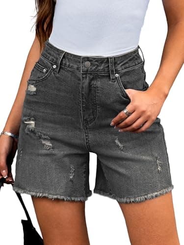 ELLEVEN Women's High-Waisted Ripped Jean Wide Leg Shorts