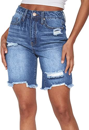HUUSA Women's High Waist Ripped Denim Mid-Thigh Shorts with Pocket
