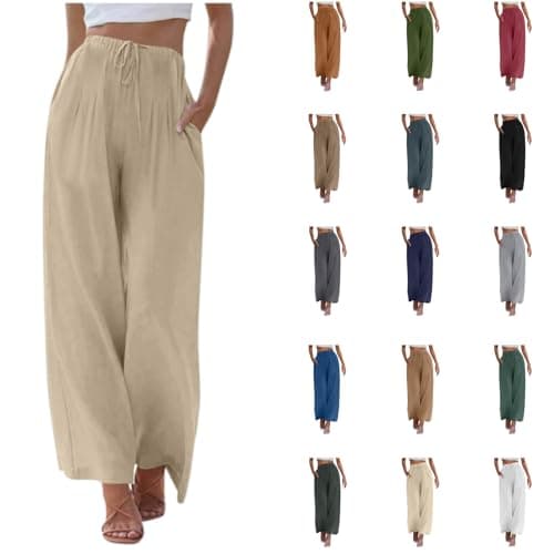 Yxzogd Women's Wide Leg Linen Pants with Pockets High Waist Drawstring Casual Fit