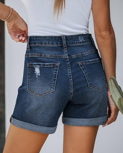 LookbookStore Women's Stretchy High-Waisted Ripped Denim Shorts
