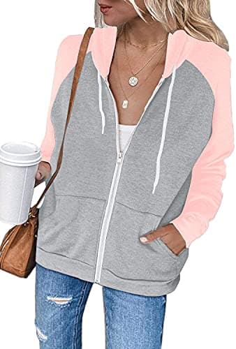 Ezbelle Women's Color Block Zip-Up Hoodie Sweatshirt with Pockets
