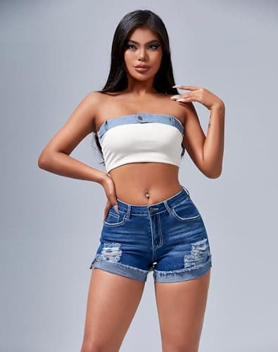 Rosswear Women's Ripped Mid Rise Stretch Denim Shorts