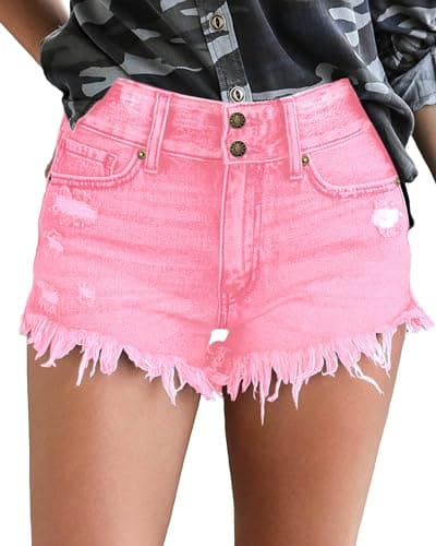 Luvamia Women's Casual High-Waisted Frayed Denim Shorts
